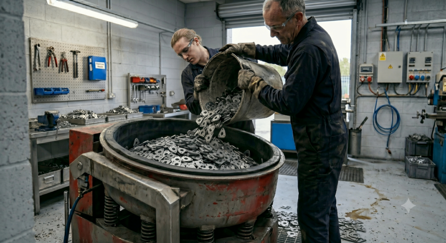 Operator bead blasting a part