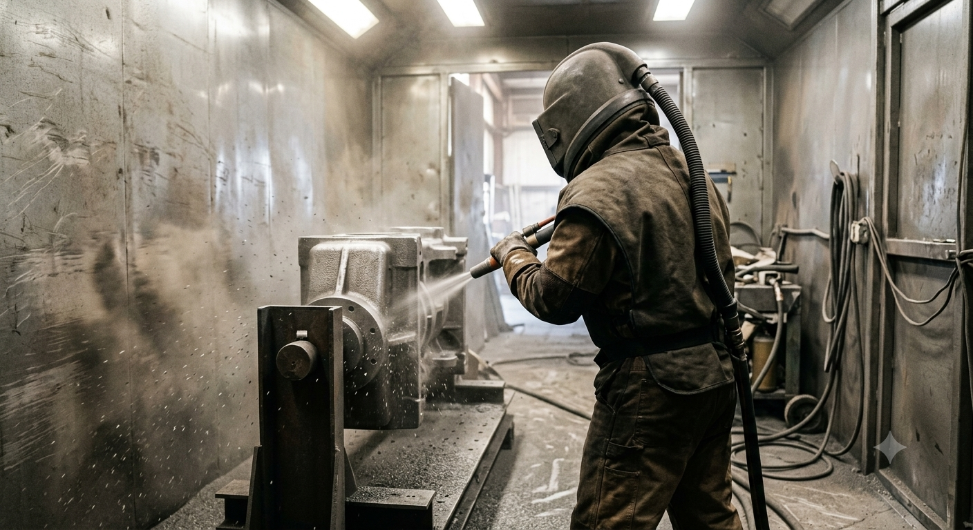 Operator shot blasting a metal component
